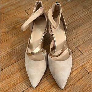 Franco Sarto Beige and Metallic Heels